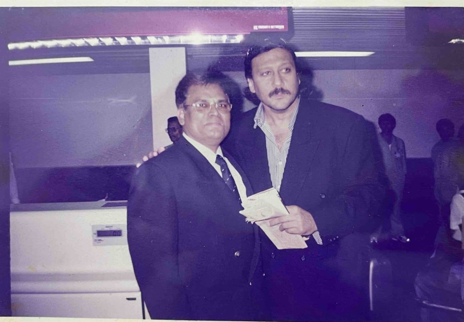 A Classic Frame: Jackie Shroff (1990s) - Bollywood icon Jackie Shroff sharing a candid moment with Chairman Ahmed Ali Khan. | MF.Khan Heritage Archives Visakhapatnam