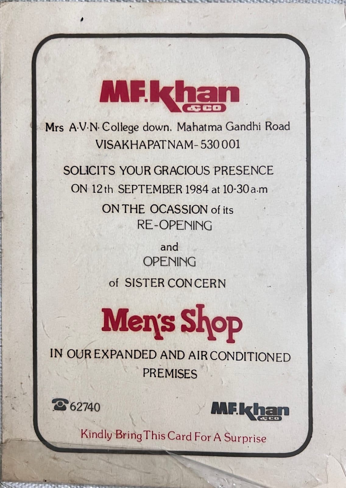Original 1984 Re-Opening & Men’s Shop Invitation (12th September 1984) - Original invitation card for the grand 1984 re-opening of MF.Khan & Co. and the launch of the expanded, air-conditioned Men’s Shop on Mahatma Gandhi Road (AVN College Down), Visakhapatnam. | MF.Khan Heritage Archives Visakhapatnam
