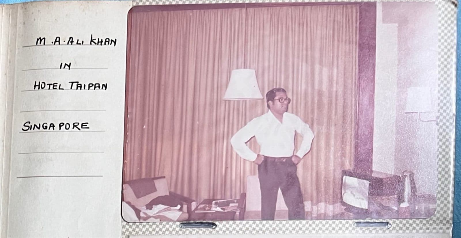 From the Chairman’s Diary: M.A.A.K. in Singapore (Far East Expeditions) - Chairman Mohammed Ahmed Ali Khan (M.A.A.K.) at Hotel Taipan in Singapore during an international Far East textile sourcing and trade expedition. | MF.Khan Heritage Archives Visakhapatnam