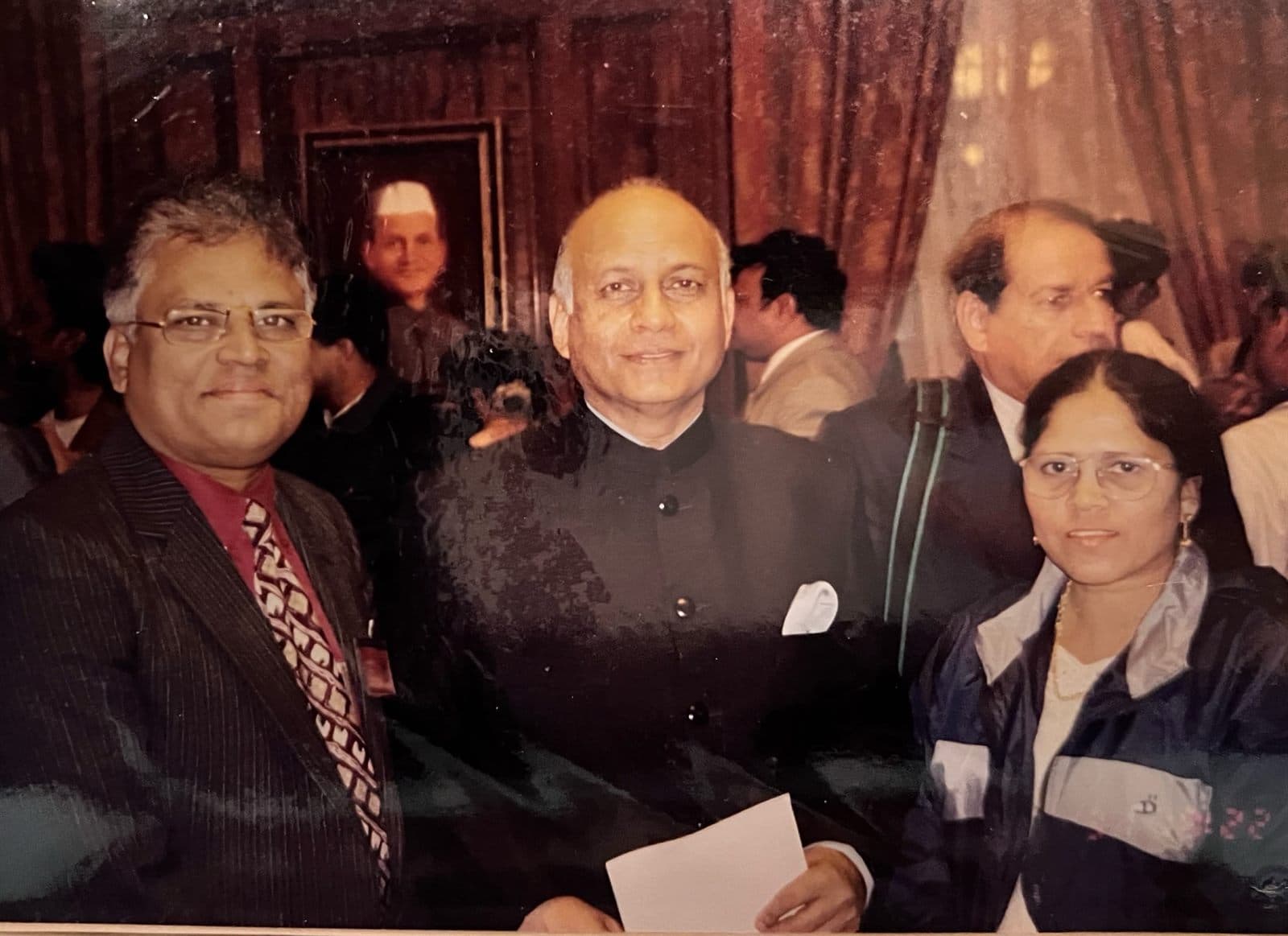 Formal Reception with Distinguished Dignitaries (1990s) - A formal commemorative gathering with senior civic leaders, government dignitaries, and esteemed patrons in bespoke ceremonial attire. | MF.Khan Heritage Archives Visakhapatnam
