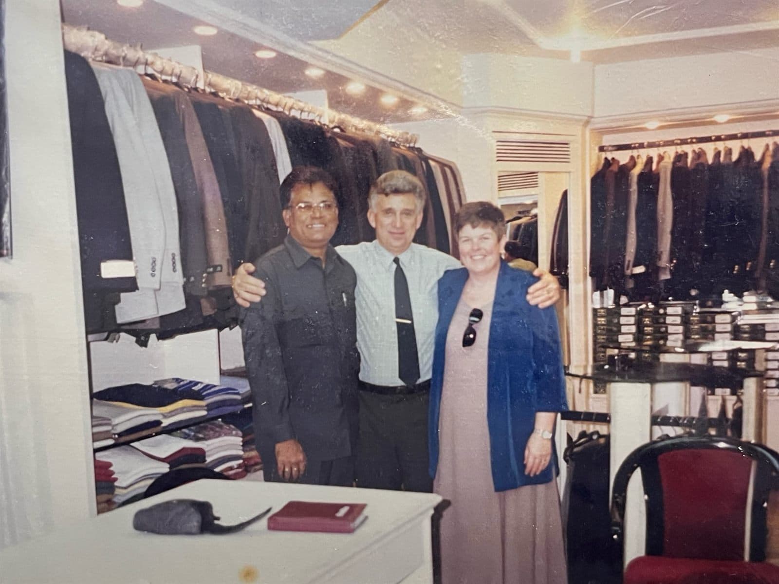 Hosting International Visitors at the Vizag Store (1990s) - Chairman Mohammed Ahmed Ali Khan welcoming foreign delegates and international travelers to the Visakhapatnam showroom. | MF.Khan Heritage Archives Visakhapatnam