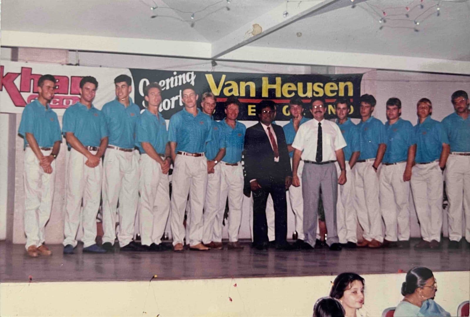 Van Heusen Launch & Visiting Sports Delegation (1990s) - Grand opening and brand showcase featuring visiting international sports athletes and delegates in Visakhapatnam. | MF.Khan Heritage Archives Visakhapatnam